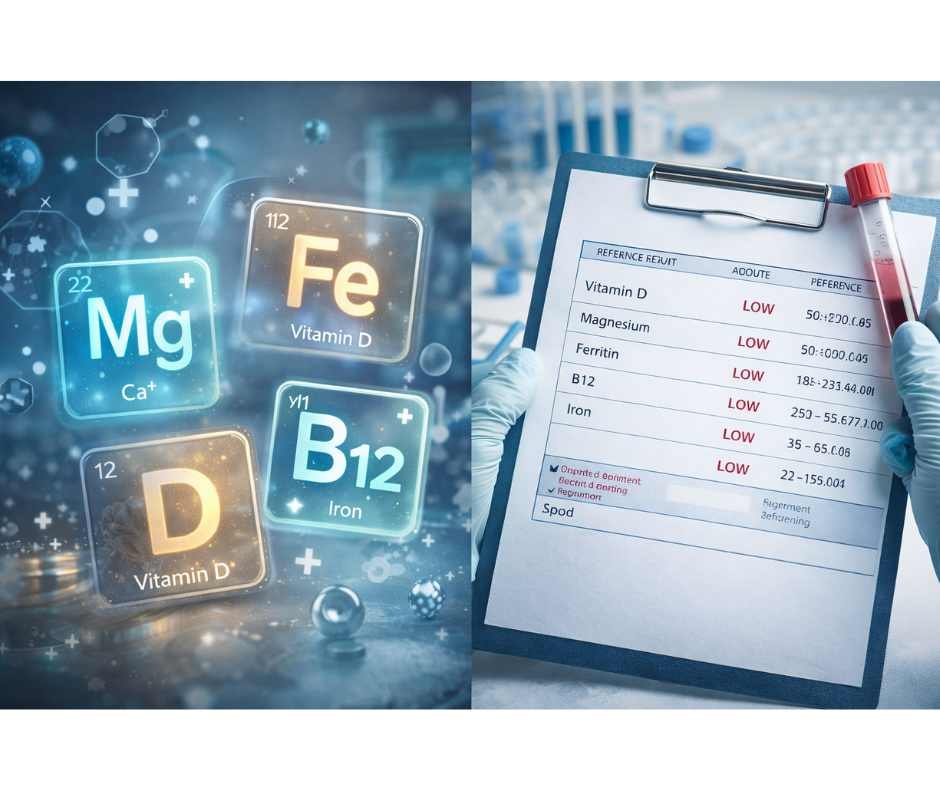 Medical illustration showing nutrient deficiency markers including magnesium, iron, vitamin D, and B12 alongside laboratory test results indicating low levels