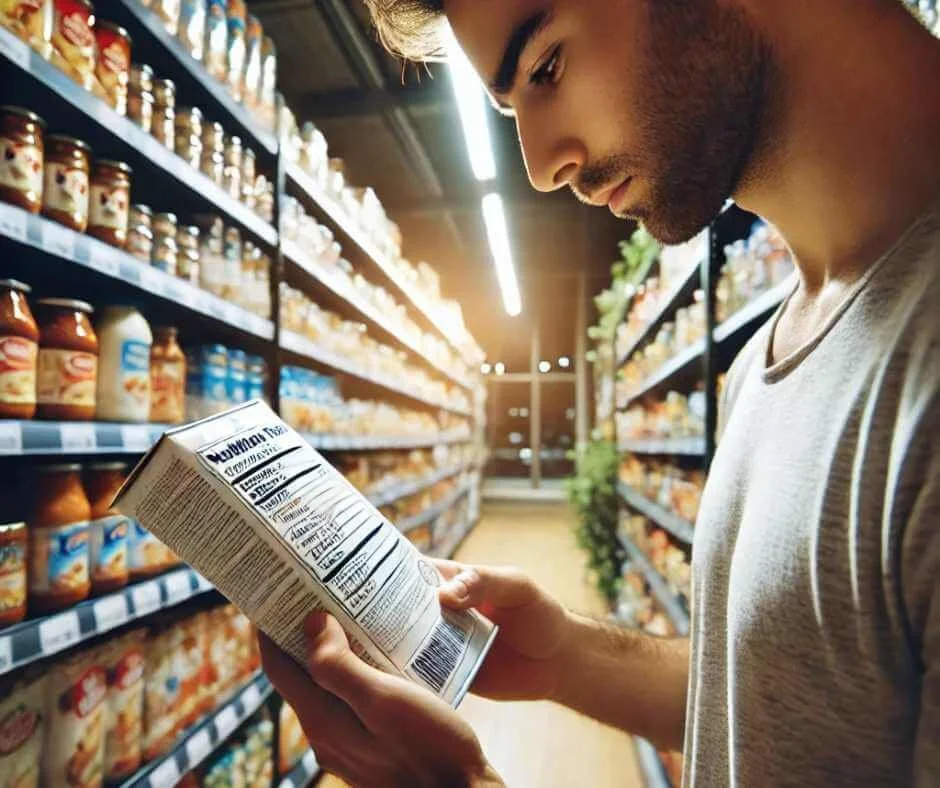 Man reading nutrition facts label on packaged food in grocery store aisle.