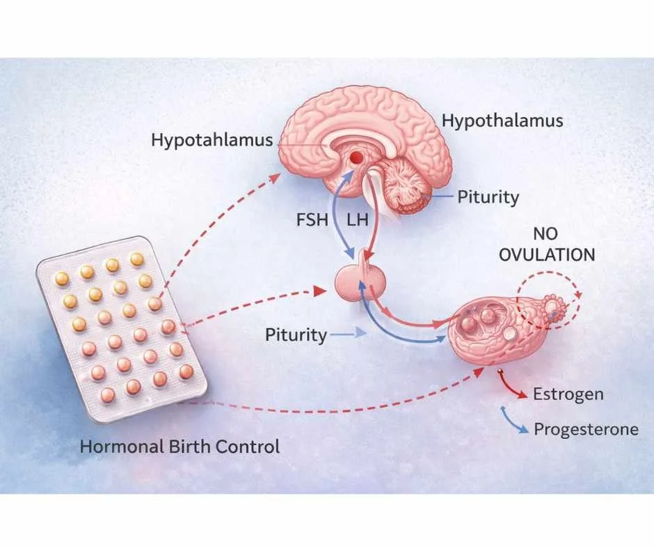 Medical illustration showing hormonal birth control suppressing ovulation by altering brain–ovary hormone signaling through the hypothalamic–pituitary–ovarian axis.