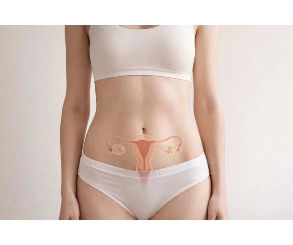 Female torso with anatomical overlay highlighting ovaries and uterus to represent different PCOS hormonal patterns