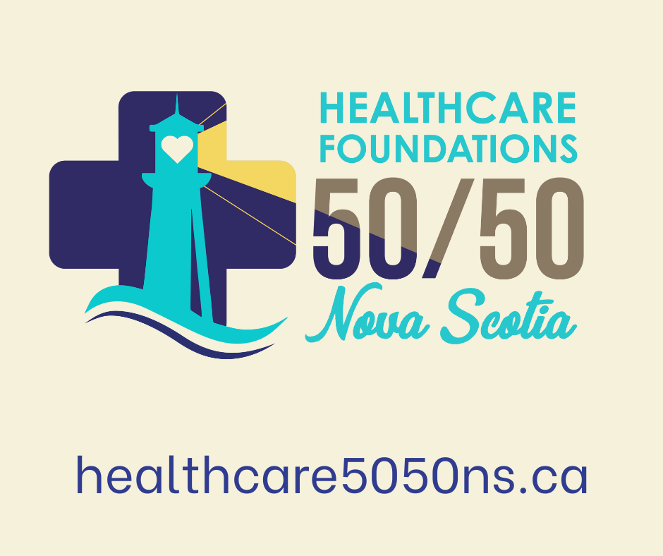 Logo for Healthcare Foundations 50/50 Nova Scotia, featuring a blue lighthouse in front of a cross symbol, with a heart and waves. Text includes website: healthcare5050ns.ca.