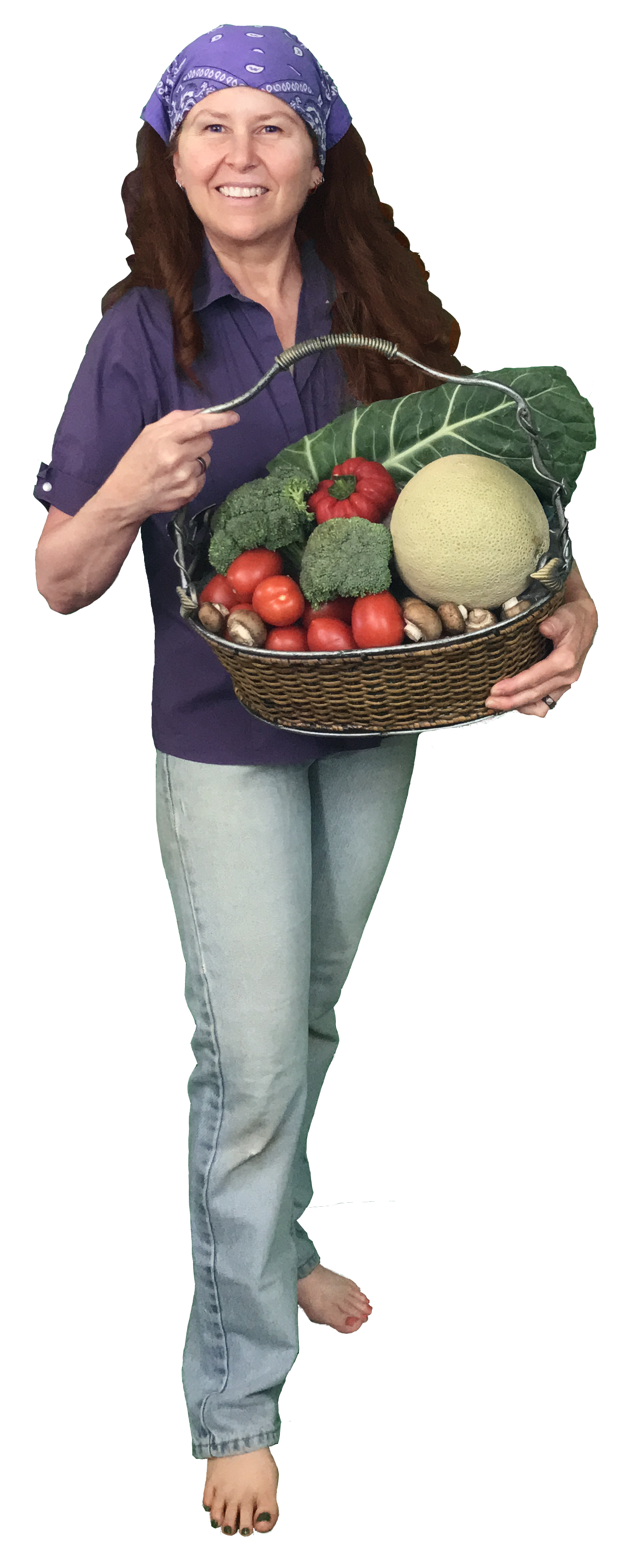 Stacey Anderson with organic produce basket, purple cotton shirt, jeans, purple bandana over red hair