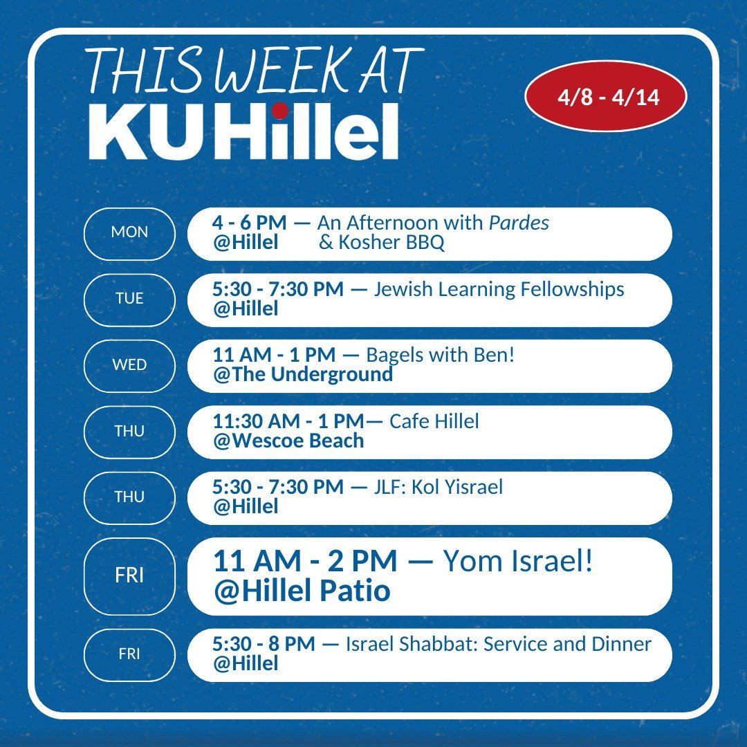 Get ready for a week packed with exciting opportunities! From special guests and a BBQ on Monday to Yom Israel and Israel Shabbat on Friday, you won't want to miss out.