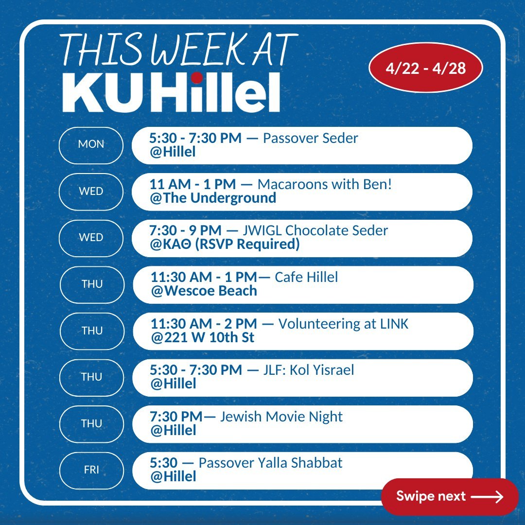Chag Pesach Sameach! Happy Passover to our entire Jewish Jayhawk family. Check out all of our amazing Passover programming this week! Students, have you RSVP'd for seder yet? Text 'SEDER' to 785-264-4711 to RSVP and ensure you get your very own custo