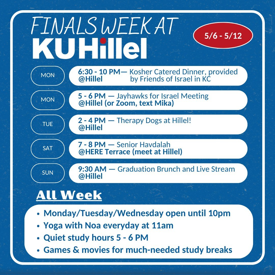 Finals week is here! And we're wishing everyone the best of luck as you wrap up your school year. Graduating Seniors! Don't forget about our Senior Havdalah this Saturday where together with friends and family we'll not only mark the end of Shabbat, 