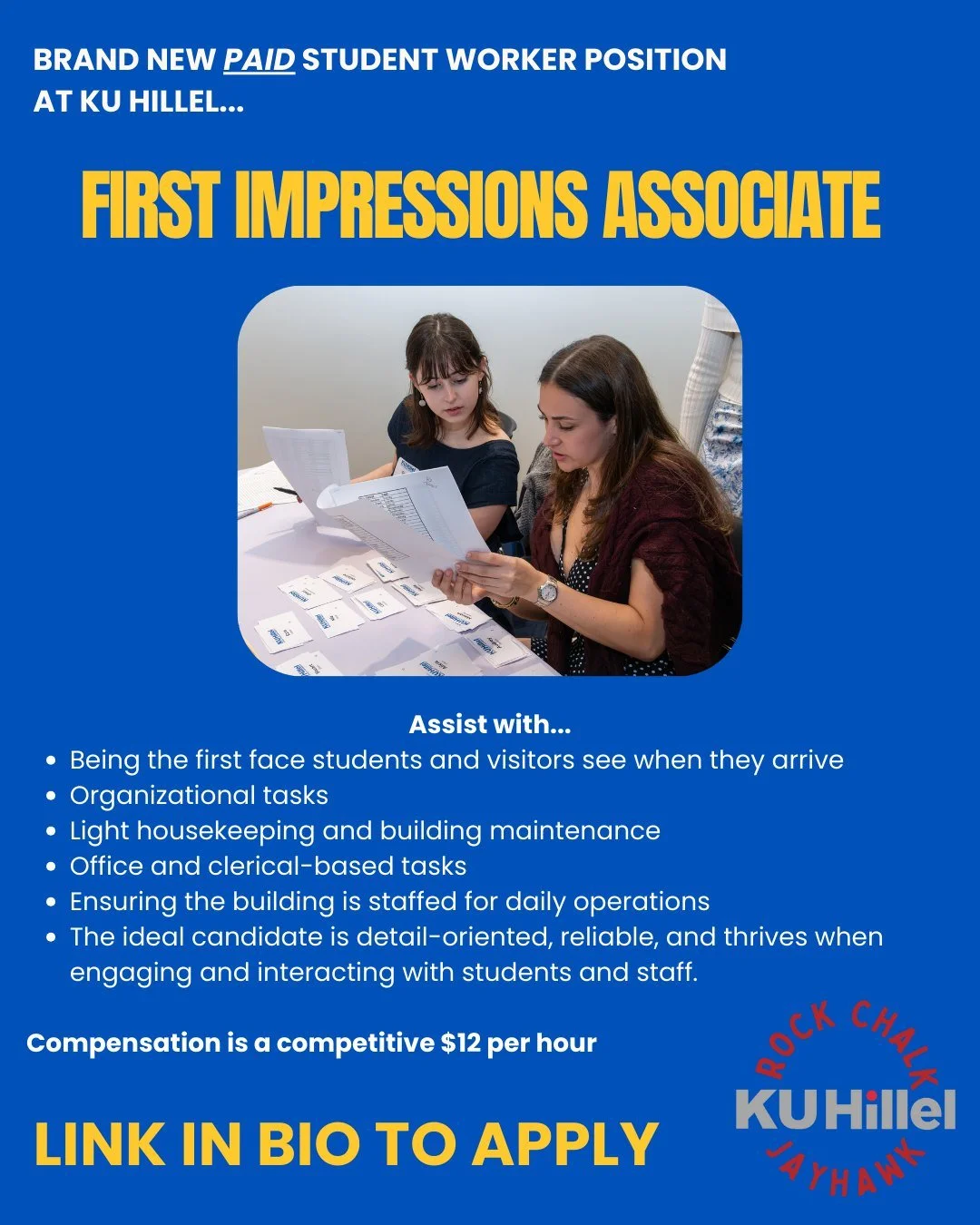 📣 KU Hillel is hiring!

Are you a student who loves meeting new people? Do you have a knack for creating warm, welcoming spaces? Are you organized and detail-oriented? If you said yes, you might be the perfect fit for our First Impressions Associate