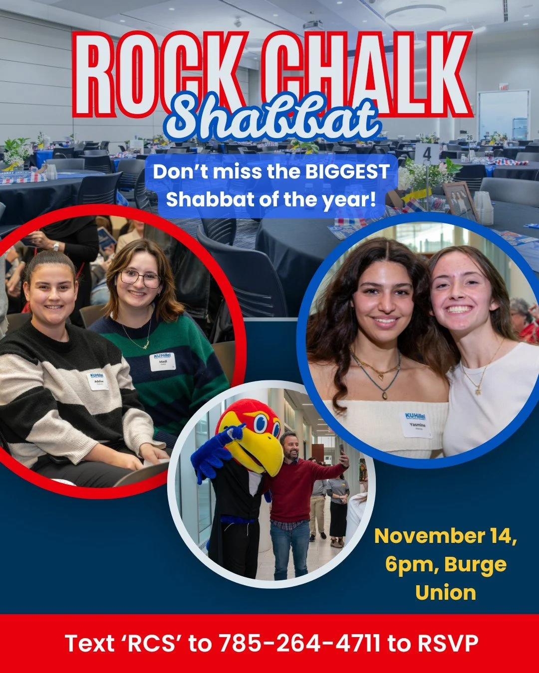 Rock Chalk Shabbat, the BIGGEST SHABBAT OF THE YEAR, is November 14! We can't wait to celebrate with the entire extended Jewish Jayhawk community. Current students can reserve their seat now by texting RCS to 785-264-4711 or using the link in our bio