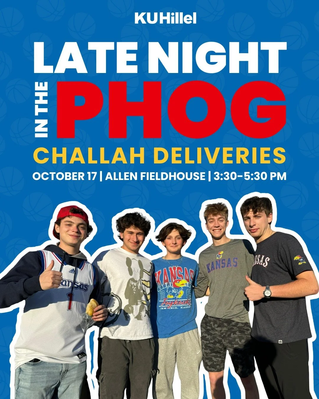 Late Night in the Phog is tomorrow night and we can't wait to see you there! 🏀 KU Hillel will be passing out challah rolls while you&rsquo;re in line before doors open. Bring your Jayhawk spirit and your hunger!
