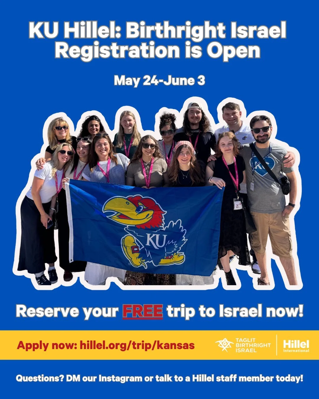 Registration is officially open for our summer Birthright Israel trip! Join us for 10 meaningful days traveling alongside other Jewish Jayhawks! 🇮🇱

Summer in Israel is literally the BEST and we don&rsquo;t want you to miss out :) Just ask all theJ