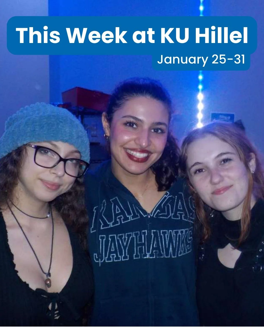 It's a busy week at KU Hillel and we can't wait to see you! Although our building will be closed on Monday due to cold temperatures (with plans to re-open Tuesday), later this week, the return of Midnight Oneg is finally here, plus we've got plenty o