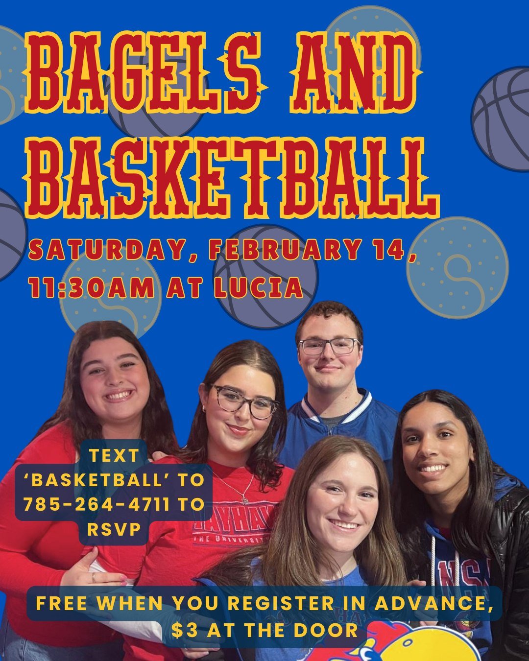 Bagels and Basketball, our BIGGEST EVENT OF THE YEAR, is here! Invite all your friends to join us at Lucia downtown to watch KU beat Iowa State on the road. The more people you bring with you, the better chance KU has at winning...so RSVP today by te