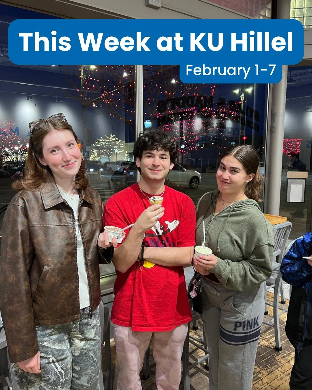 It's a busy week at KU Hillel and we can't wait for you to be a part of it! Whether you're coming out to celebrate Tu B'Shevat with Adamah on campus or celebrating (Erev) National Ice Cream for Breakfast Day with Shabbat Around LFK at Sylas and Maddy