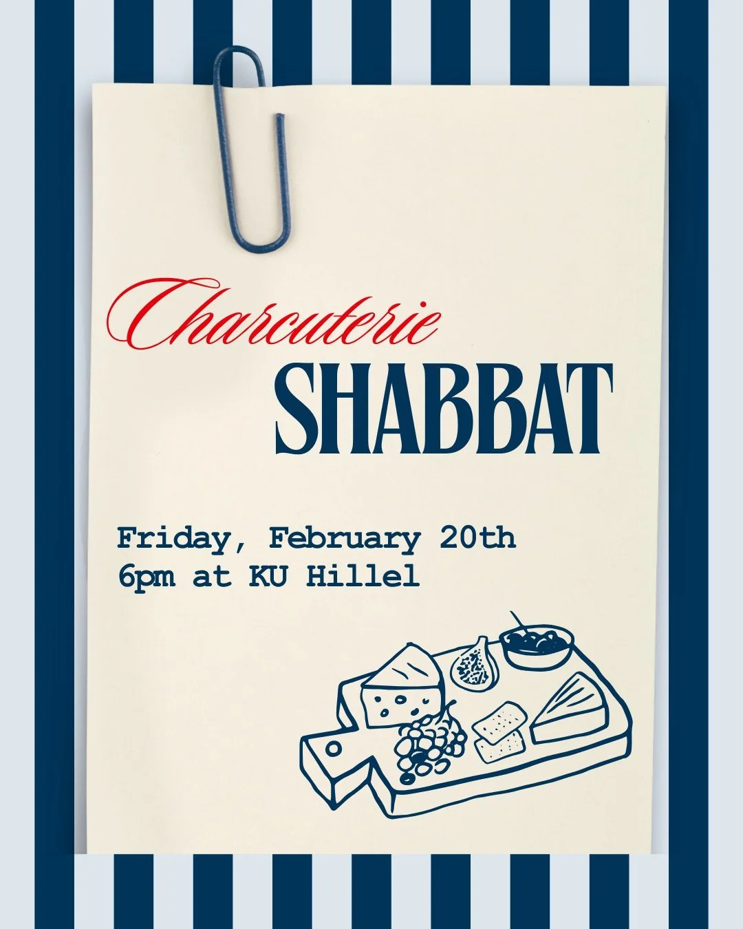 It's the return of student favorite, Charcuterie Shabbat, at KU Hillel! Join us for a MEGA charcuterie board at Hillel as we celebrate Shabbat together. Bring your friends, bring your appetite!