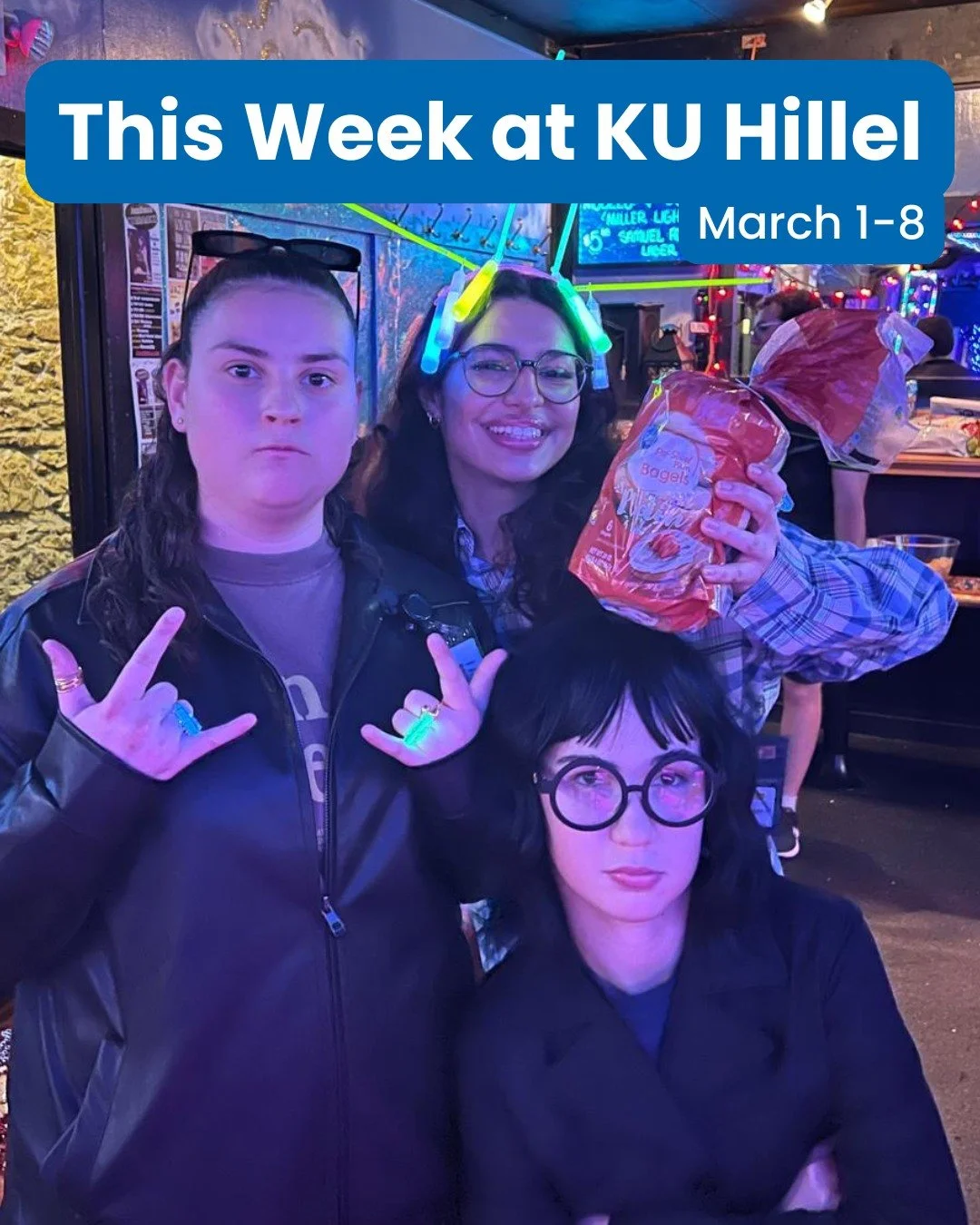 Happy Purim! It's a packed week at KU Hillel and we can't wait to see you. Regardless of if you're coming to our Purim brunch 🥯 and Hamantaschen bake at Hillel on Tuesday, find us on campus during the week, enjoying a kosher sushi 🍣 lunch and conve