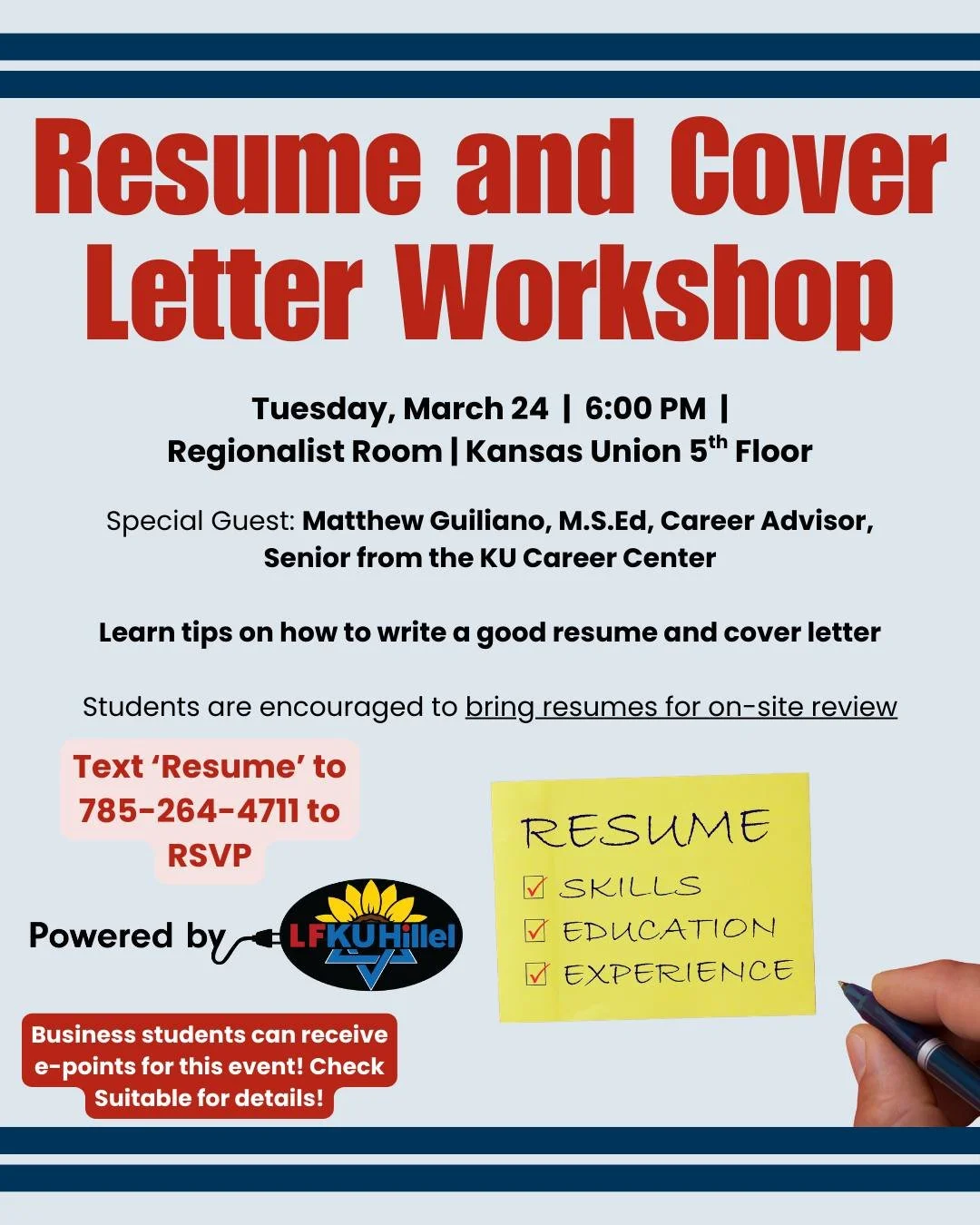 Looking to level up your resume and cover letter game? 📄✨ Want the insider tips to help your application stand out from the crowd? Join us for our Resume &amp; Cover Letter Workshop featuring Matthew Guiliano from the KU Career Center! 🎓 Get expert