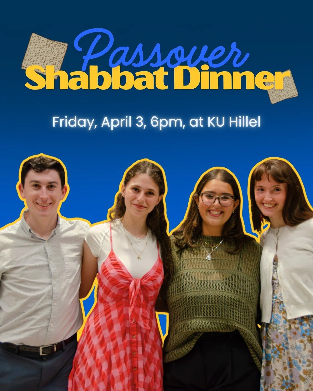 Happy Passover, Jayhawks! In addition to Passover lunches throughout the holiday, we have a Passover Shabbat dinner and Passover brunch this weekend! Join us for delicious meals and amazing times with your Jewish Jayhawk community!