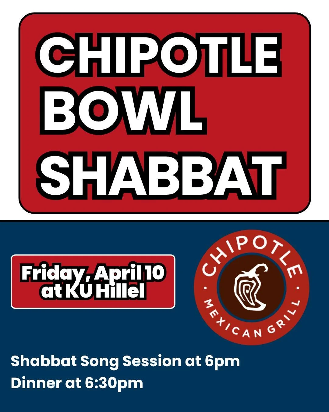 We can't think of a better way to end Passover than with a delicious meal of Chipotle bowls for Shabbat! We can't wait to see you this Friday for a catered Shabbat meal that you won't want to miss!
