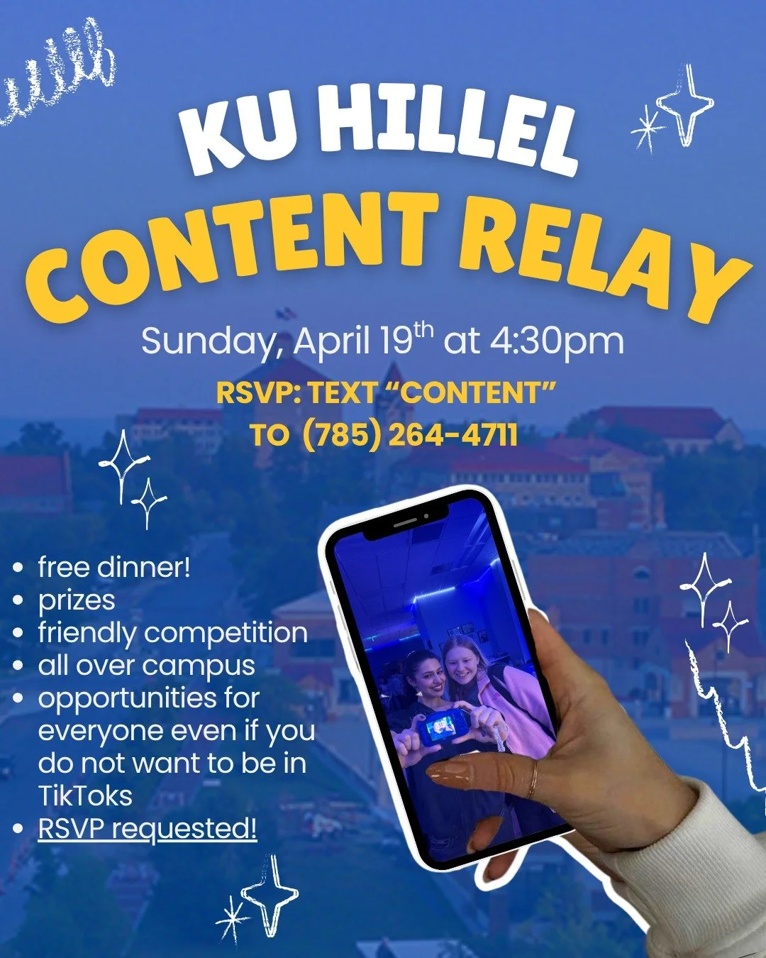 Calling all content creators 🚨 Join KU Hillel this Sunday as we level up our viral video game filming across campus and jumping on the biggest trends! Dinner will be provided!
