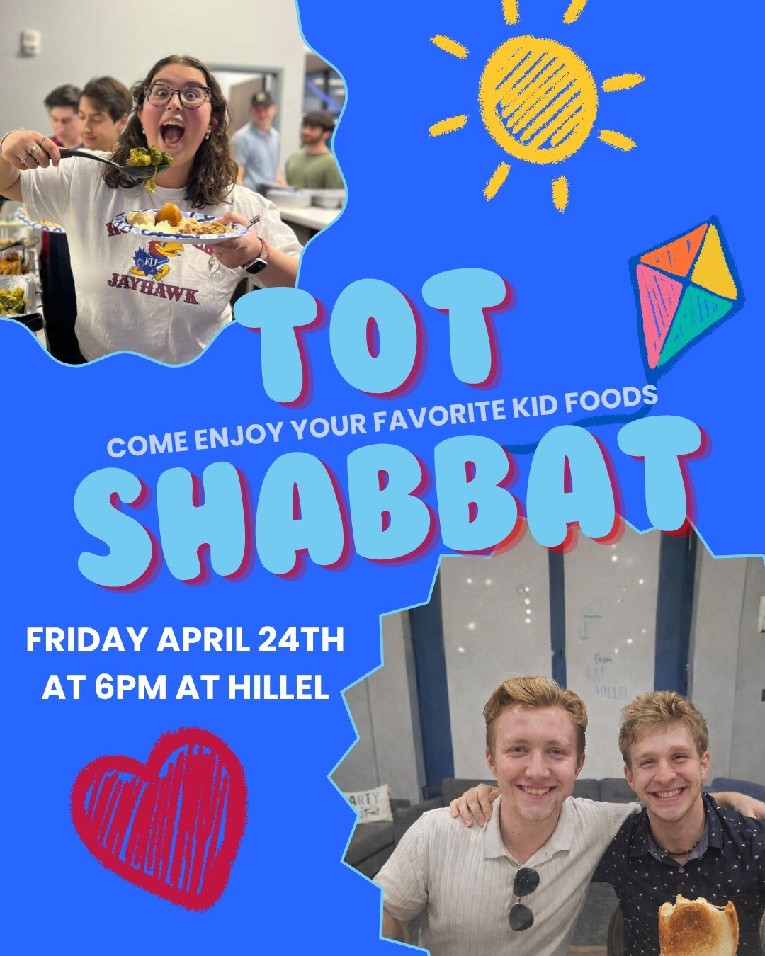 Everyone's invited to join us for Tot Shabbat: where the menu brings out your inner child and no one judges your love for the foods you ate when you were a kid 😉

Come for the nostalgia, stay for the people and delicious foods! Bring friends and you