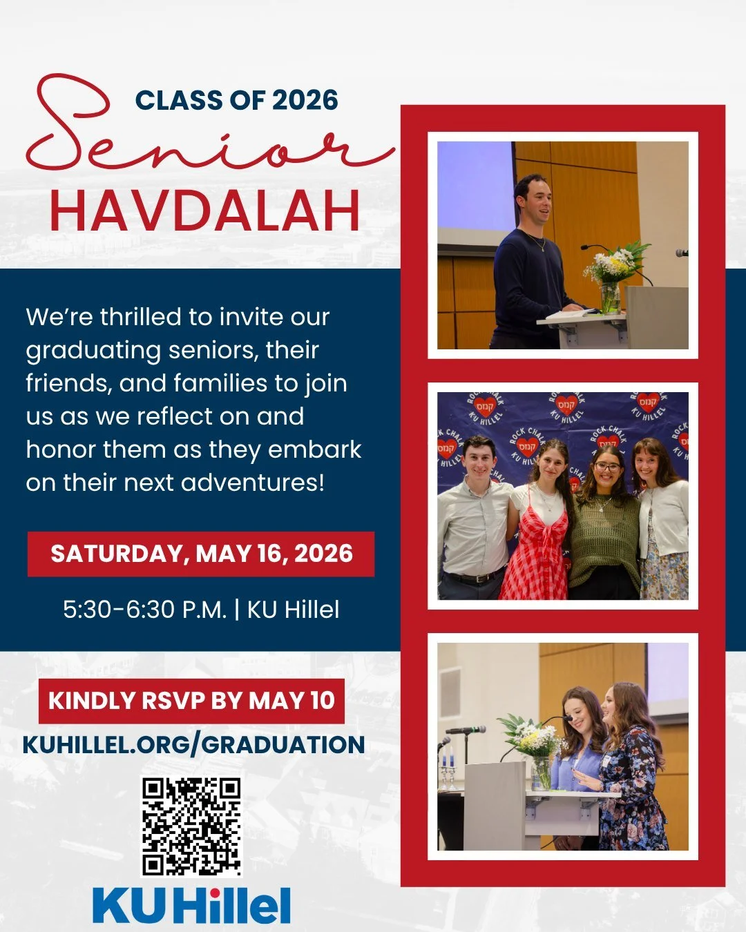 It is our honor to invite our graduating seniors and their friends and families to join KU Hillel for one of our favorite and most bittersweet traditions, Senior Havdalah, where we reflect back on their four years on campus and celebrate the adventur
