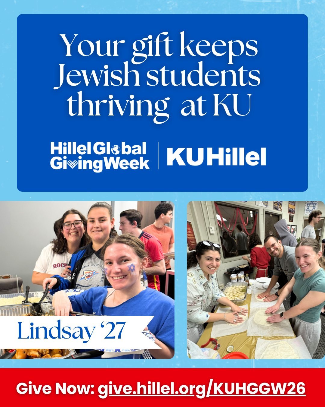 It&rsquo;s Lindsay here, a junior here at KU, and I&rsquo;m sharing my Hillel story with you today because it&rsquo;s Day 2 of Hillel Global Giving Week!

When I got to KU, I knew that I wanted to be involved with a Jewish organization, but it wasn&r