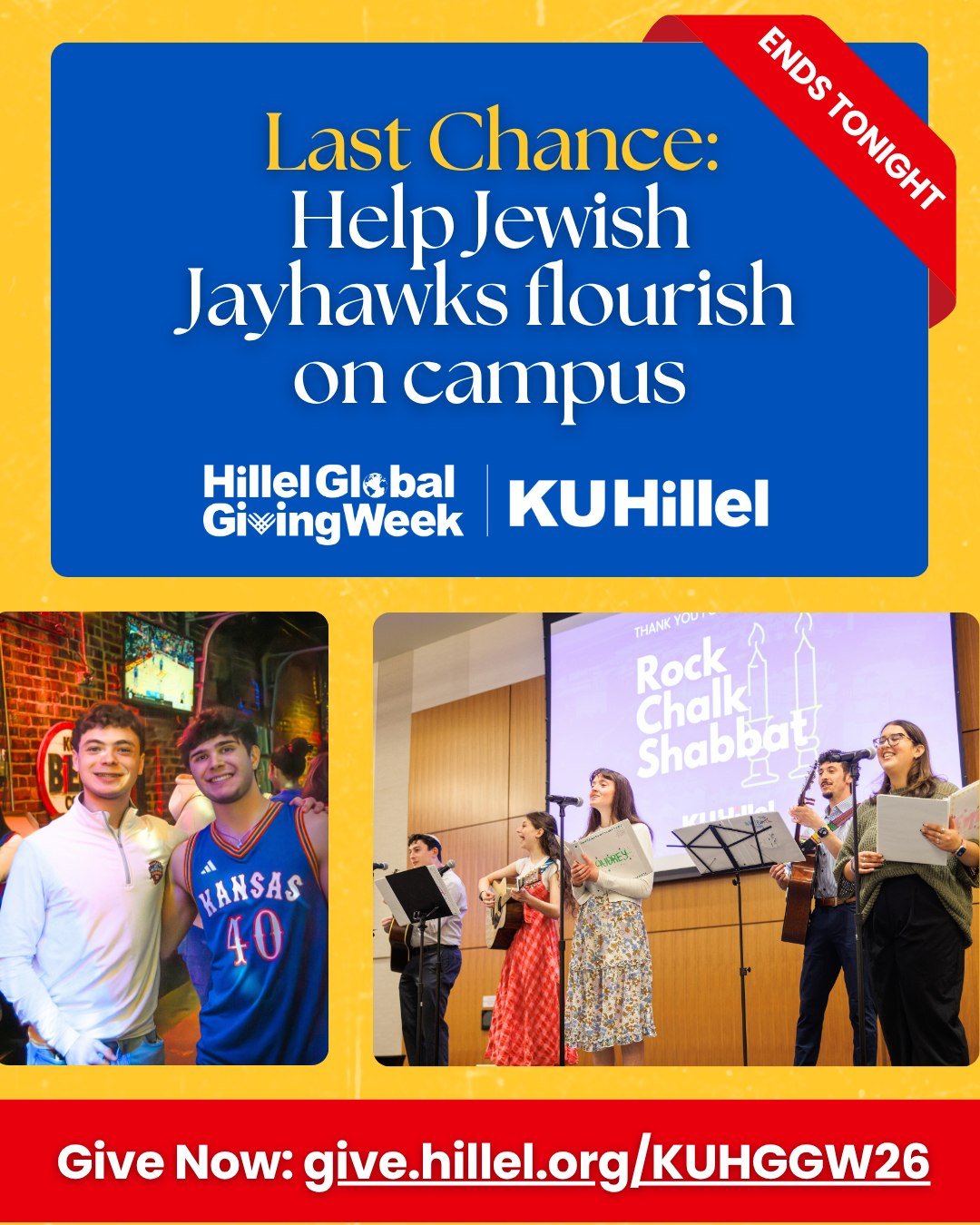 Today is the FINAL day of Hillel Global Giving Week! ⏳

We need your help to cross the finish line. Whether you&rsquo;re an alum, parent, or friend of KU, your gift helps KU Hillel be a supportive, inclusive space for every Jewish Jayhawk.

Will you 