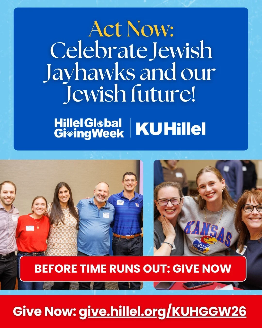 Hillel Global Giving Week ends tonight! If you&rsquo;ve been waiting for the right moment to support Jewish Jayhawks, this is it.

KU Hillel embraces Jayhawks no matter where they are in their Jewish journeys.  Your support enables us to provide lead