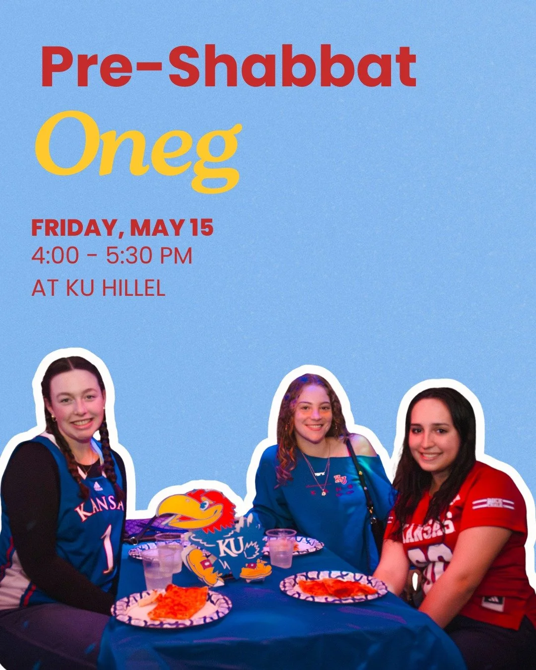 If you're still in town, come join us at Hillel for the final Shabbat of the year! It's a pre-Shabbat Oneg, so come ready to schmooze with your friends while enjoying some of your favorite treats!