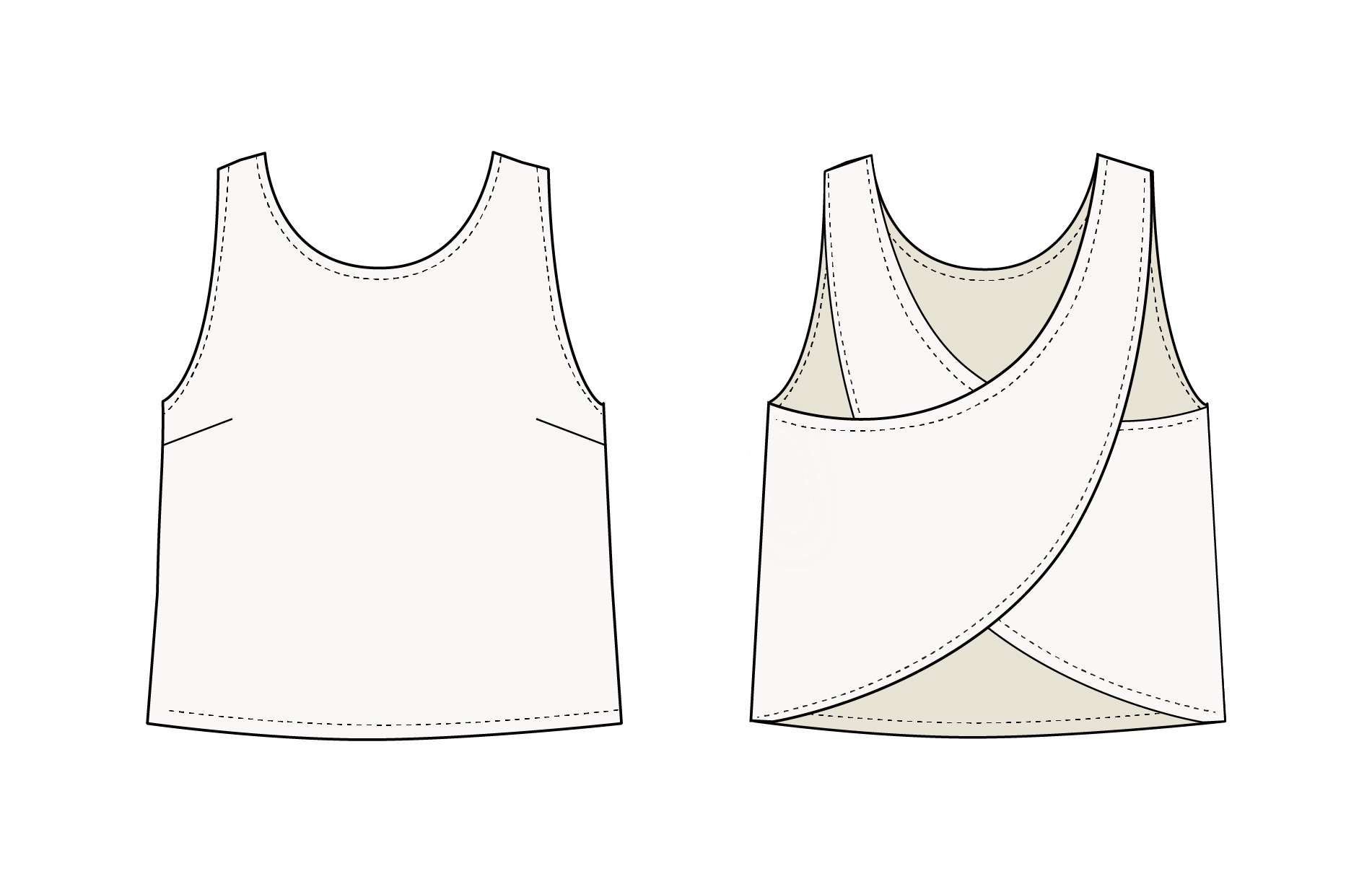 Two illustrations of sleeveless tops, one plain and one with layered fabric details.