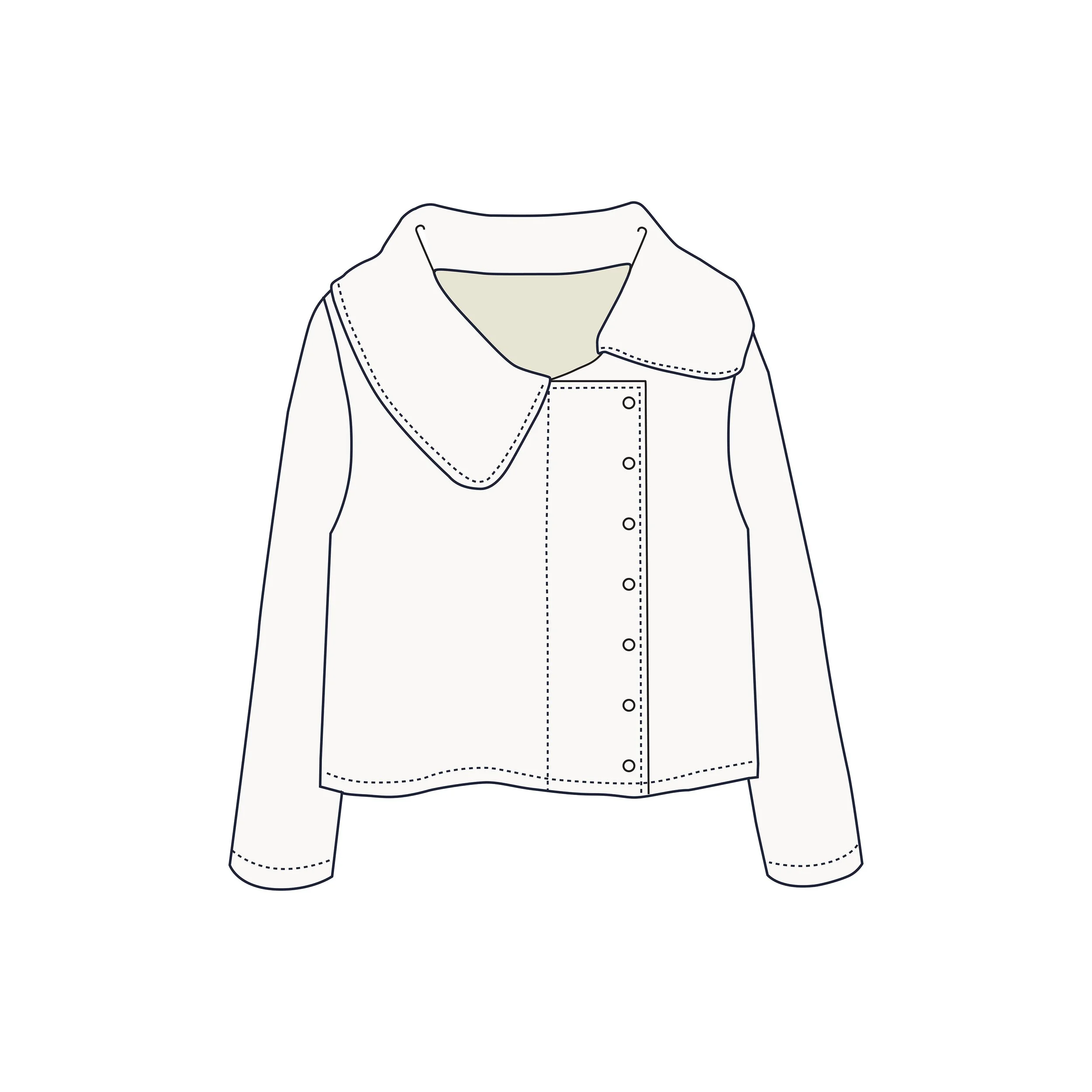 Line drawing of a jacket with a collar, button details, and cuffs, depicted in black outline on a white background.