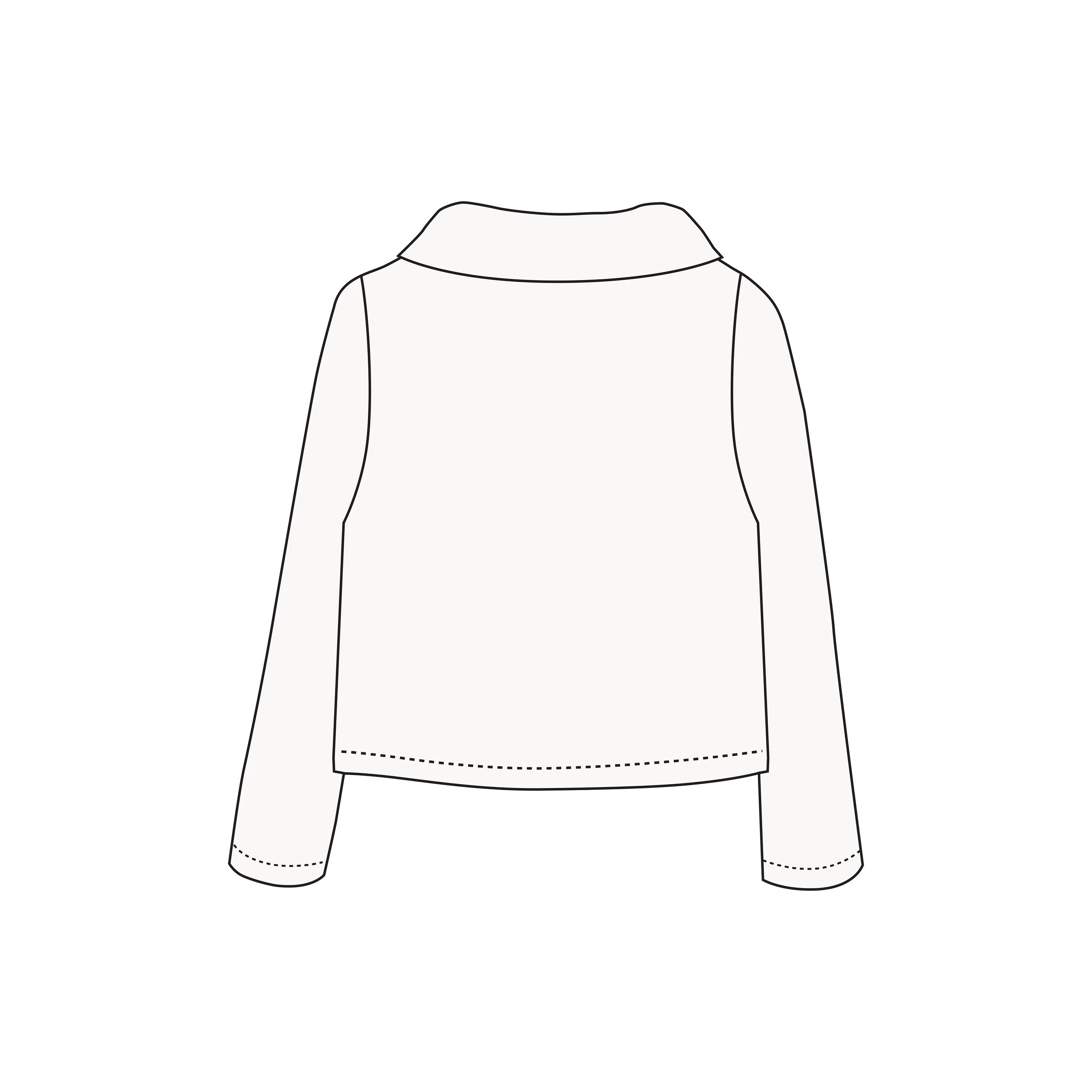 Line drawing of a person's torso and arms, wearing a shirt with a rounded collar and long sleeves.