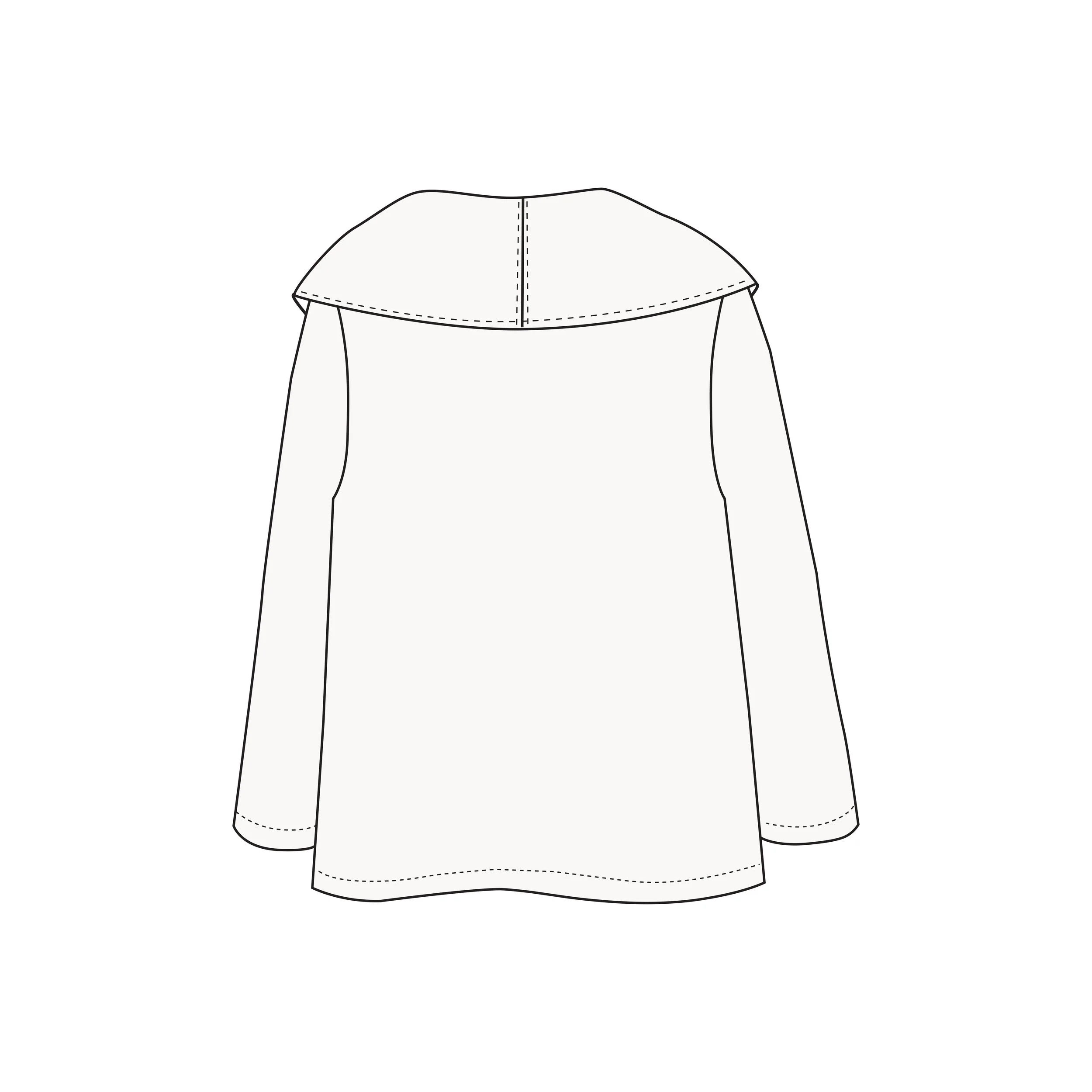 Line drawing of a women's blazer with a notched collar and long sleeves.