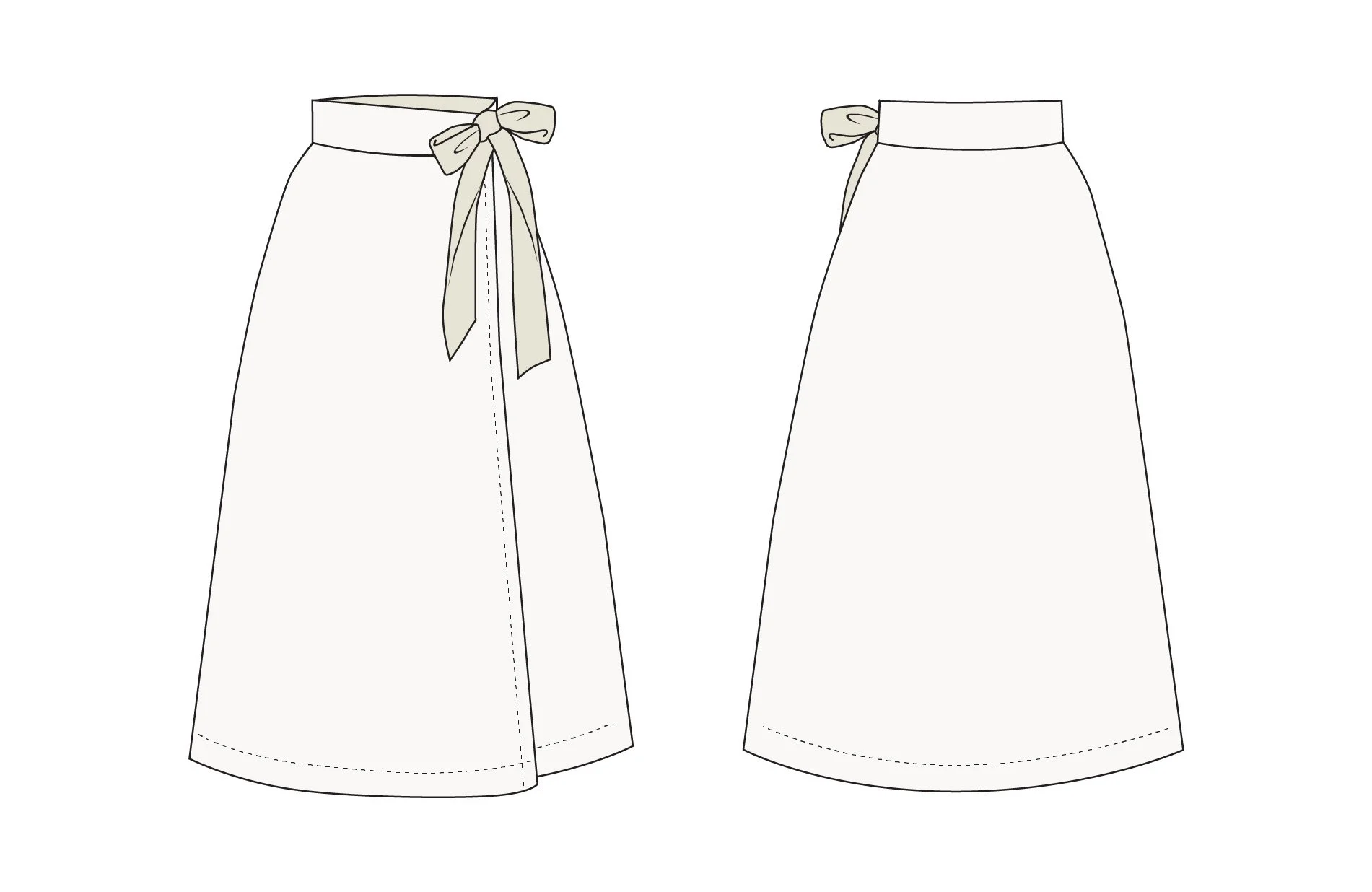 Drawing of two skirts, one with a bow at the waist and the other with a straight waistband.