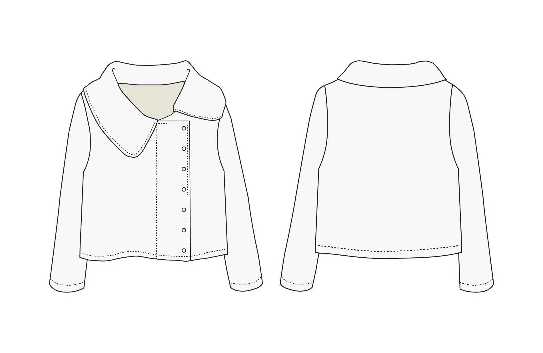 Line drawing of a women's coat. Left side shows the front view with a wide collar, buttons, and long sleeves. Right side shows the back view with a high collar and long sleeves.