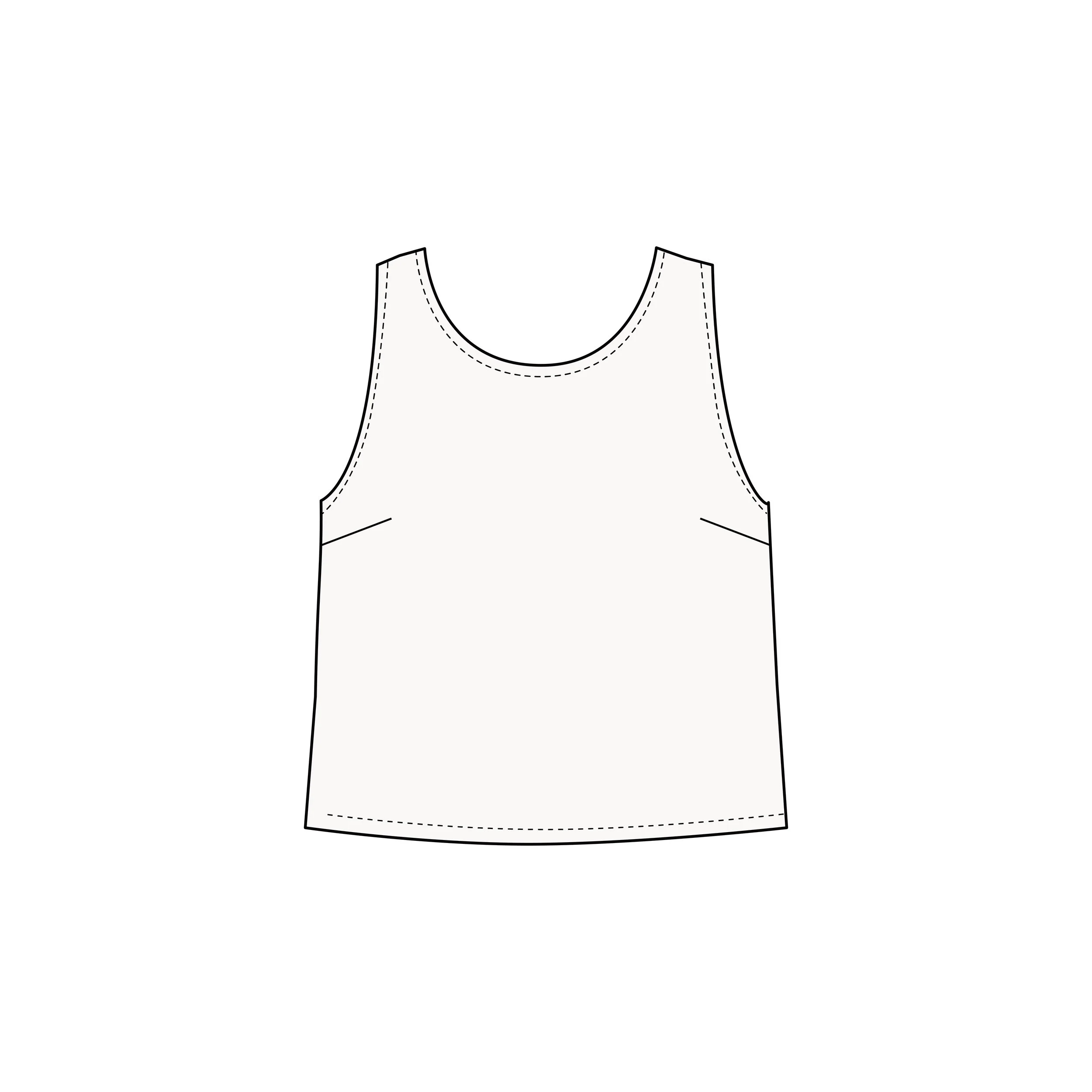 Black and white line drawing of a sleeveless top with a rounded neckline and decorative stitching details.