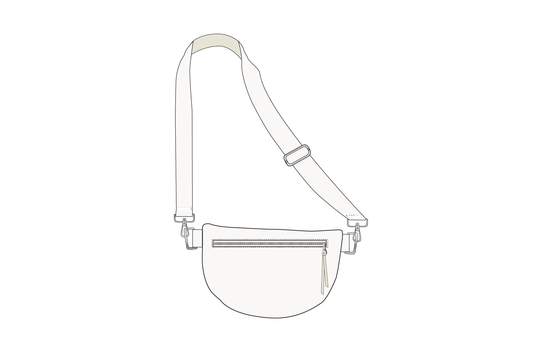Line drawing of a crossbody bag with a zipper pocket on the front, an adjustable strap, and a tassel keychain attached.