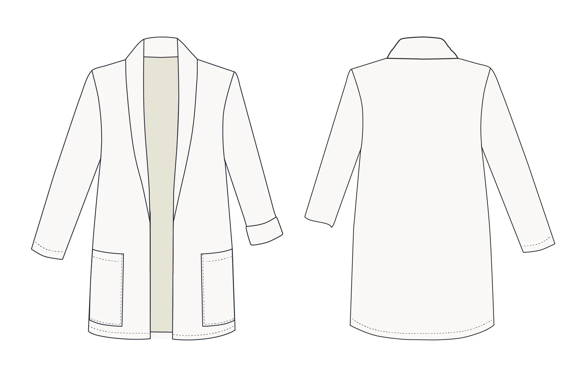 Illustration of a long coat with front and back views, including a collar, long sleeves, and patch pockets.