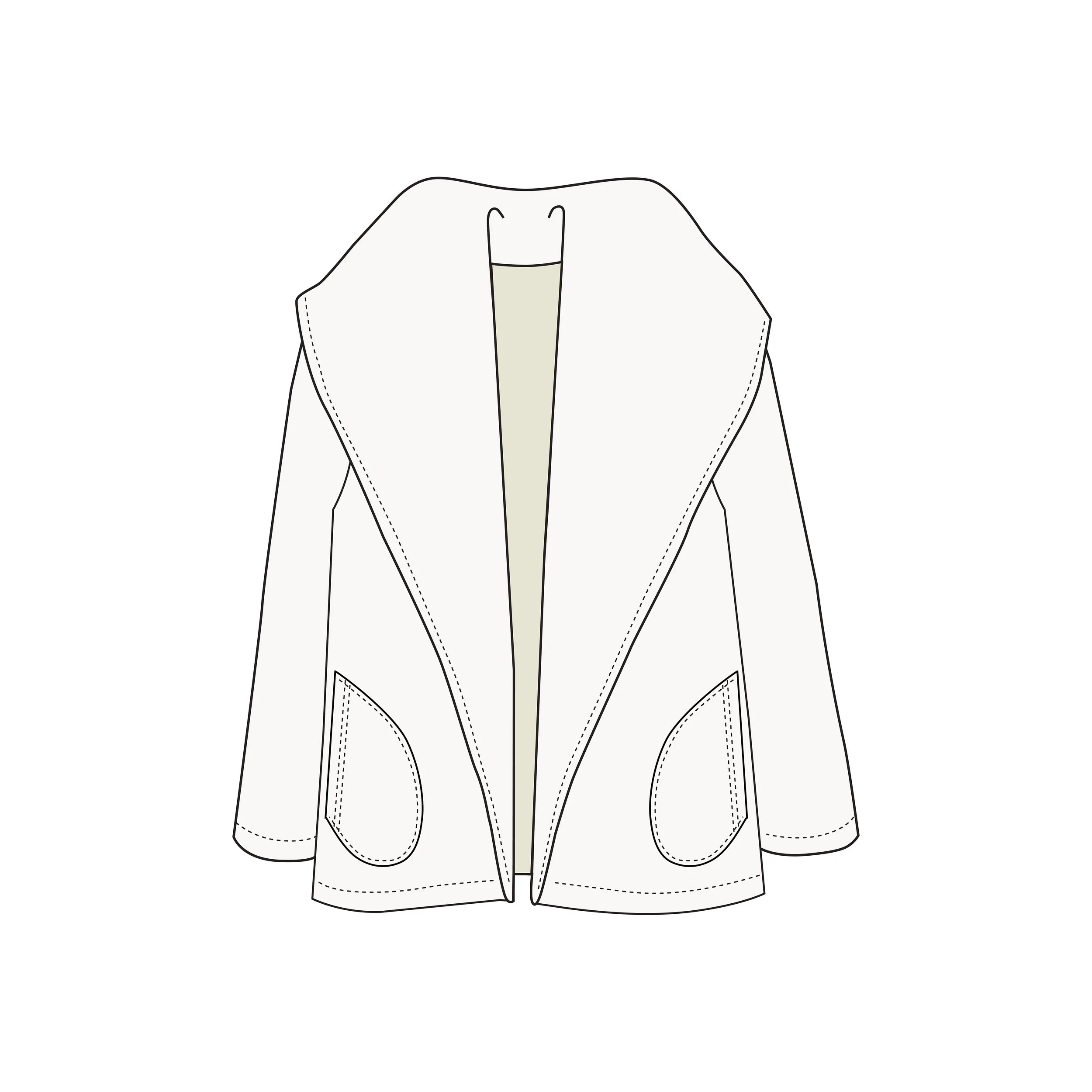Outline of a men's blazer with visible collar, lapels, and pockets, shown from the front, with garment details marked by dashed lines.