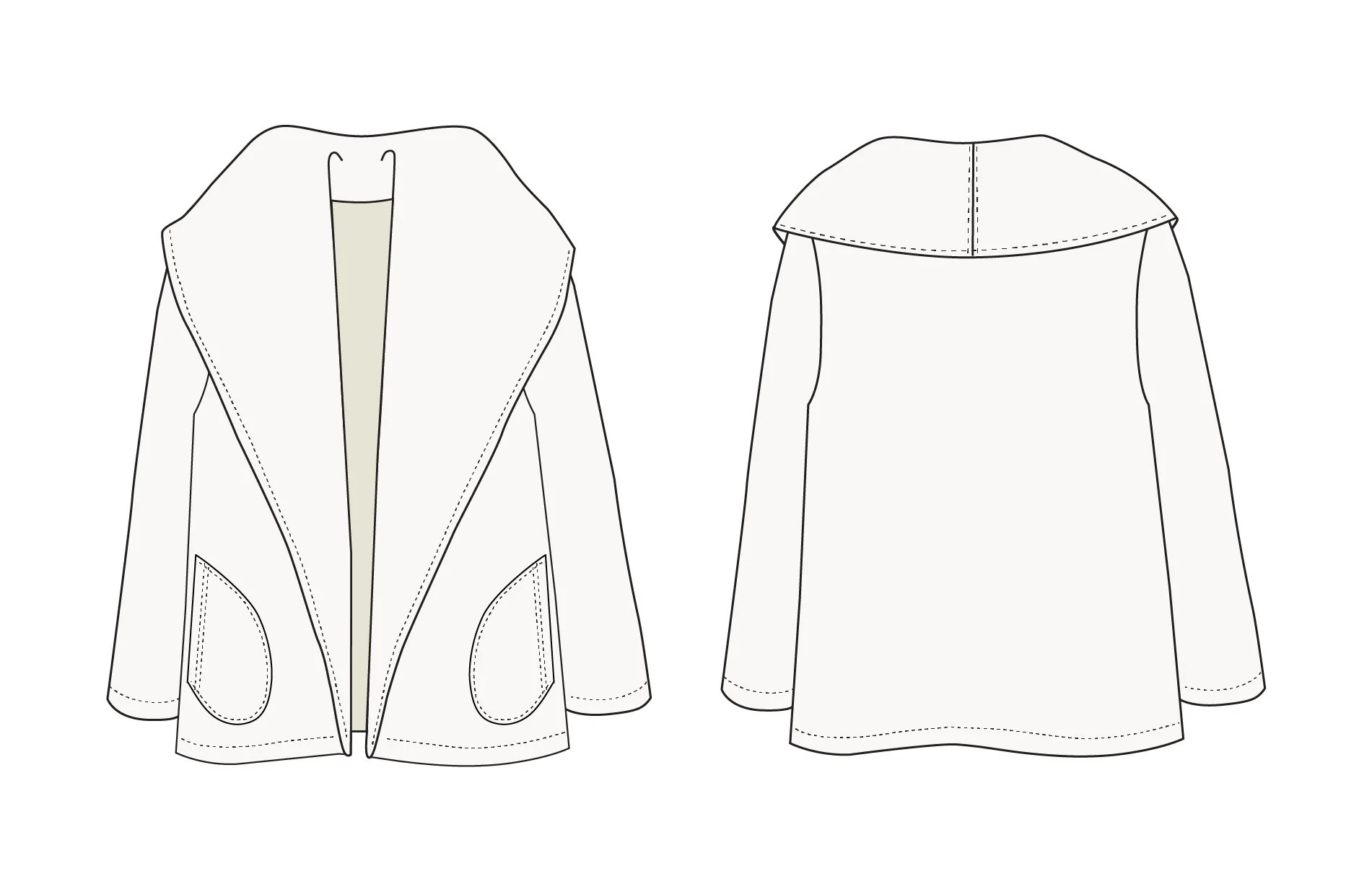 Line drawing of a tailored blazer jacket from the front and back, showing seam details and lapel.