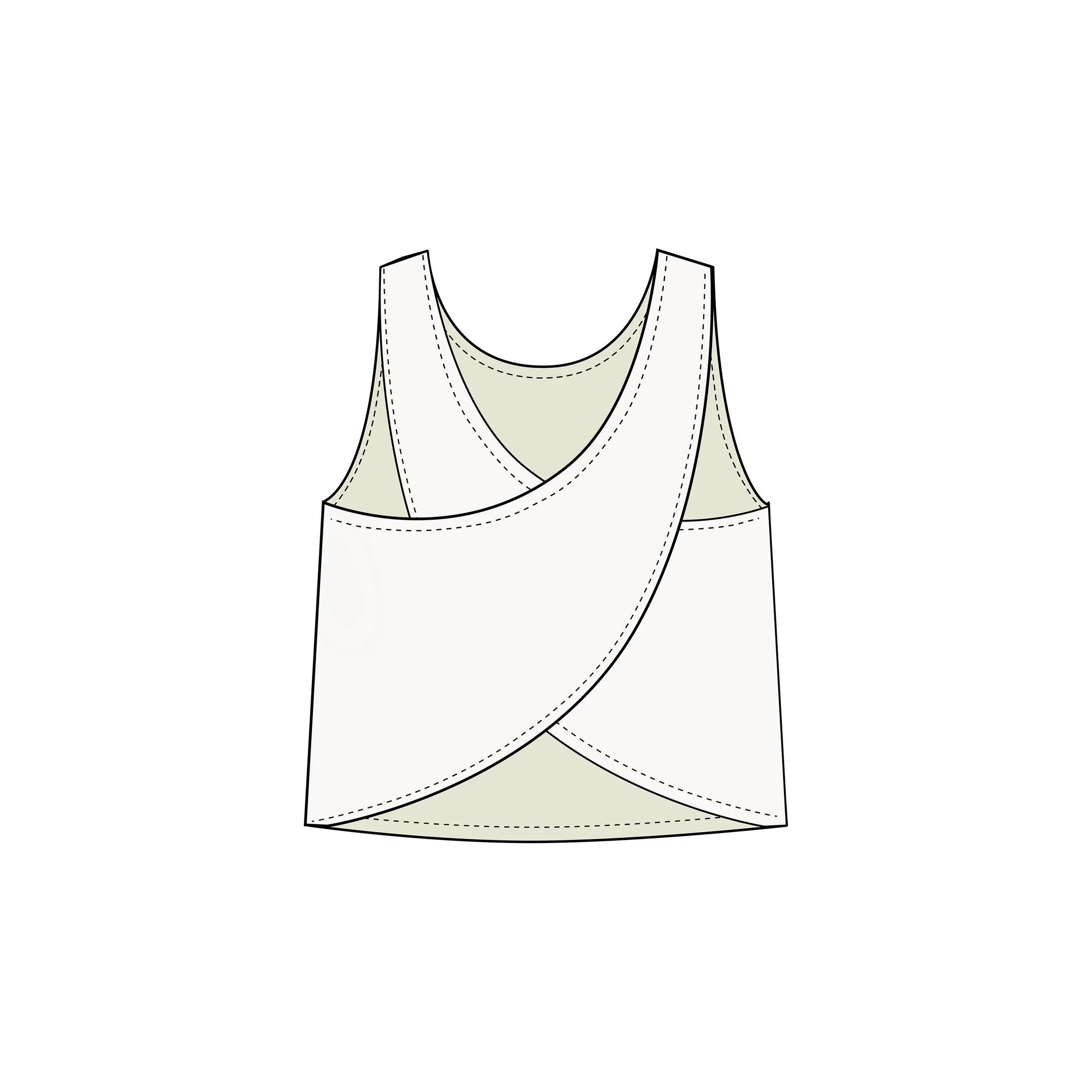 Drawing of a sleeveless white shirt with a V neckline, outlined in black with stitches, set against a plain white background.