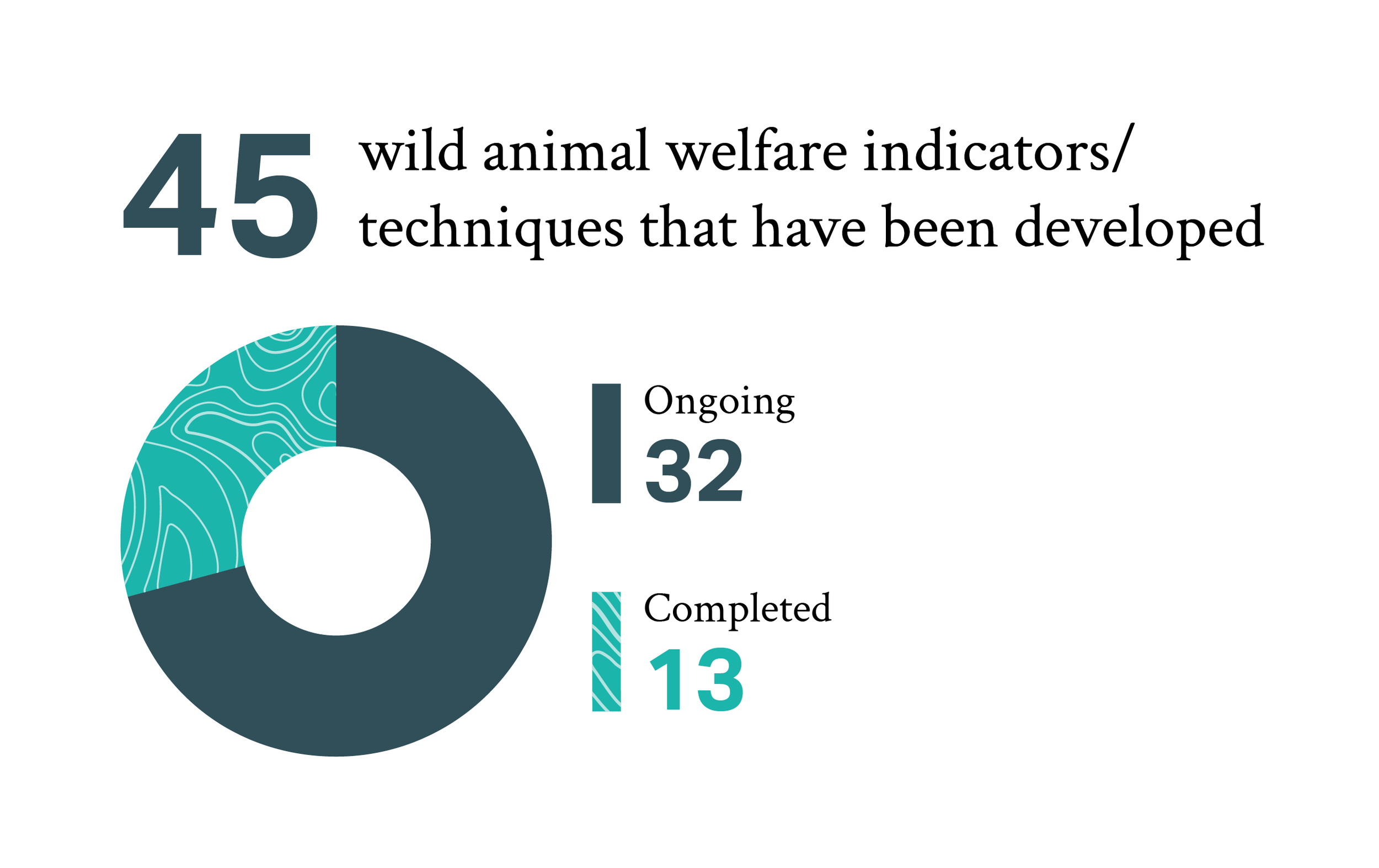 Donut chart showing 45 wild animal welfare indicators/techniques that have been developed. The chart displays 32 ongoing (dark teal, majority of circle) and 13 completed (light teal, smaller section).