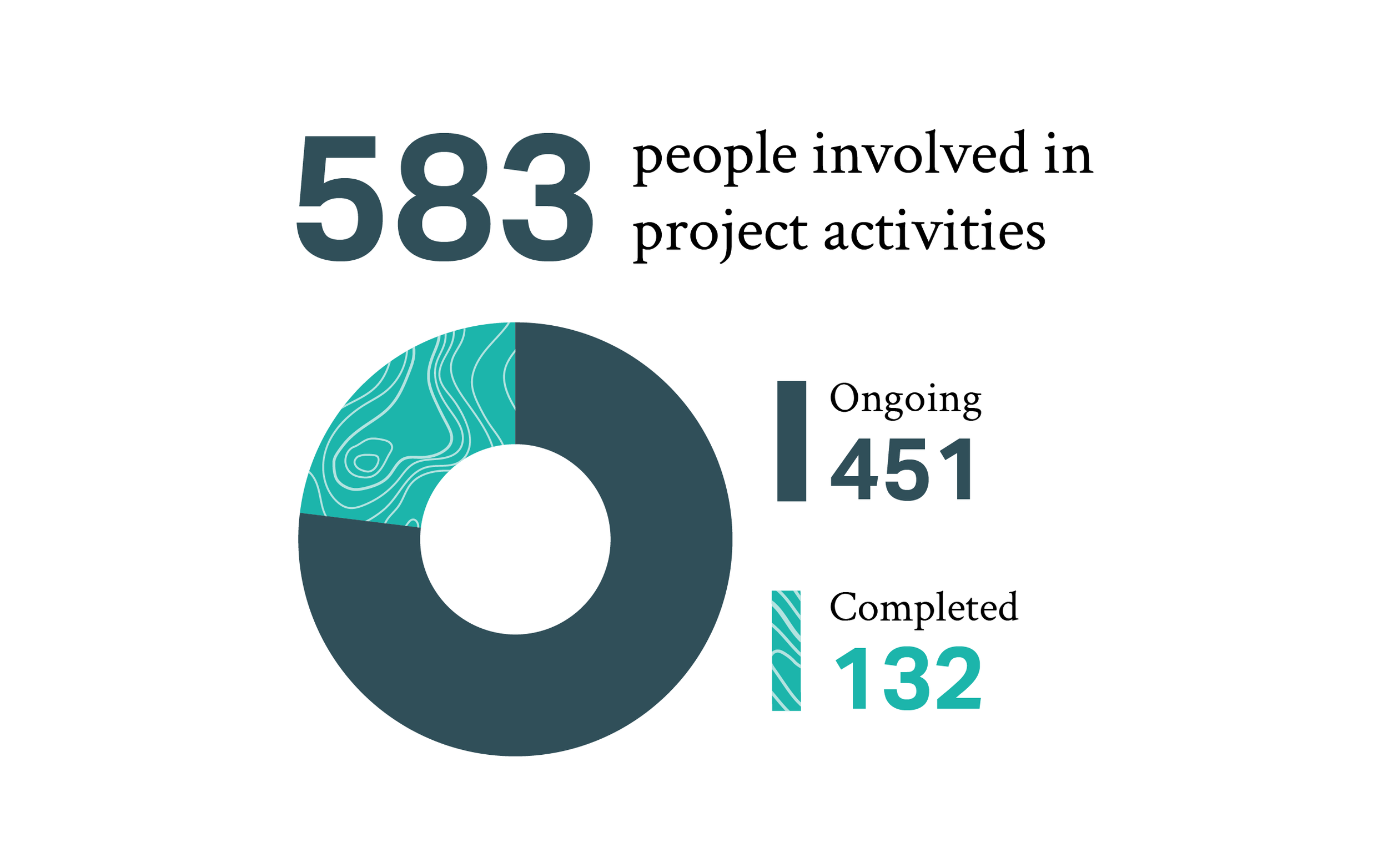 Donut chart showing 583 people involved in project activities. The chart displays 451 ongoing (dark teal, vast majority of circle) and 132 completed (light teal, smaller section).