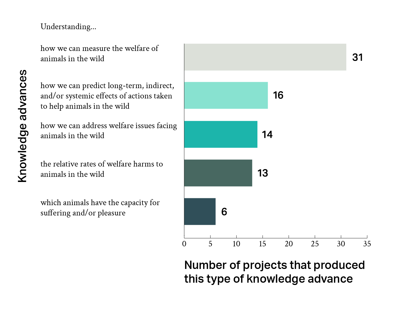 Horizontal bar chart showing the kinds of knowledge advances achieved by WAI grantees, and the number of projects that produced this type of knowledge advance.