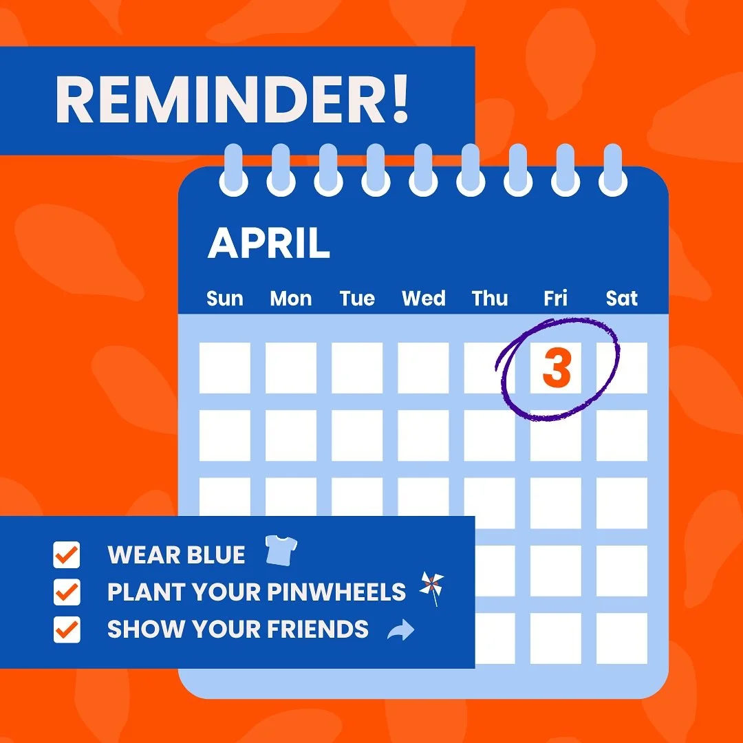 🚨 Reminder: Wear Blue Day is TODAY, April 3rd! 

Don&rsquo;t forget to wear blue, plant your pinwheels, and share your photos online and with friends to help raise awareness for Child Abuse Prevention Month. Together, we can spread the message that 