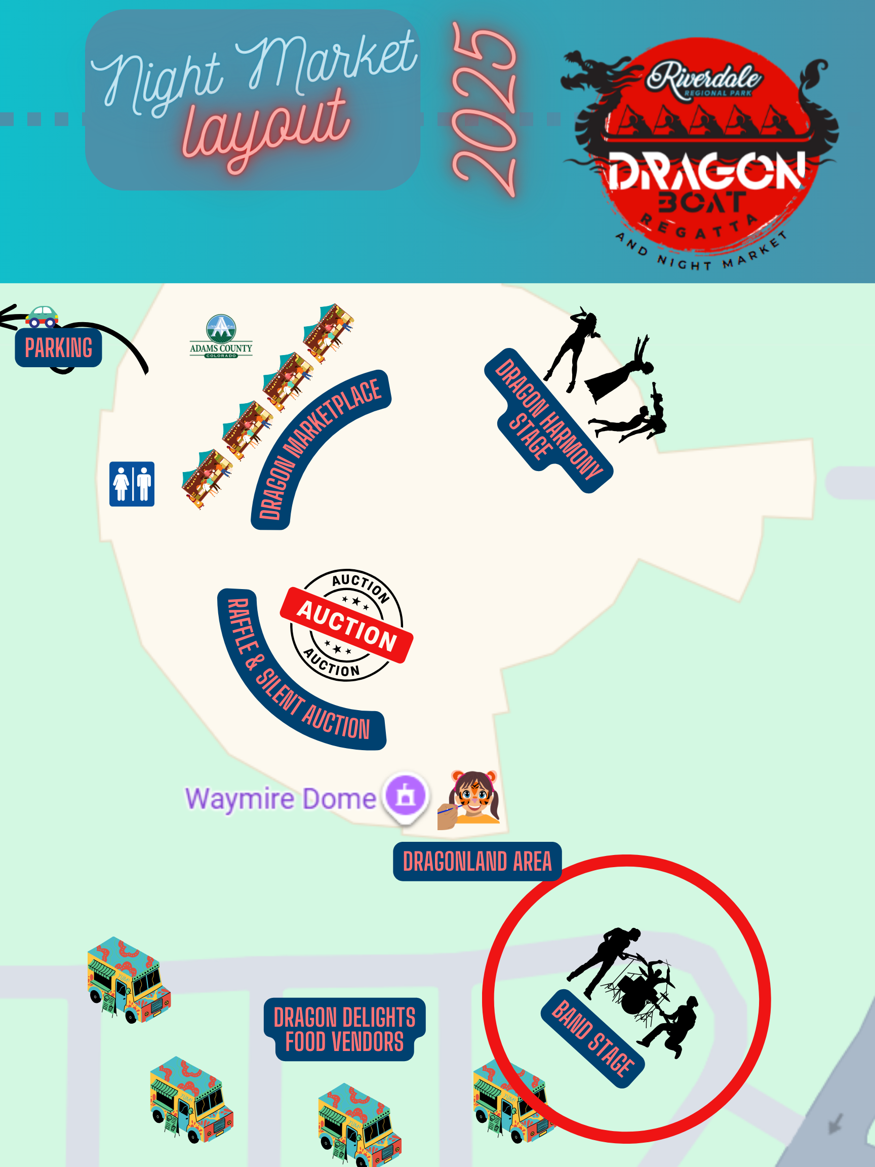 A map that shows the location of the Regatta band Stage, which is on the Southeast side