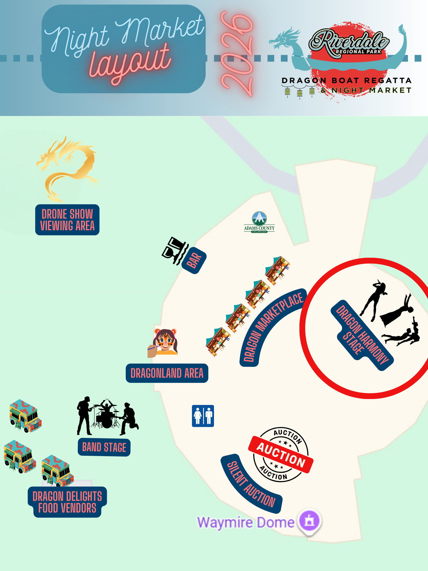 A map showing the location of the Dragon Harmony Stage inside the Waymire Dome