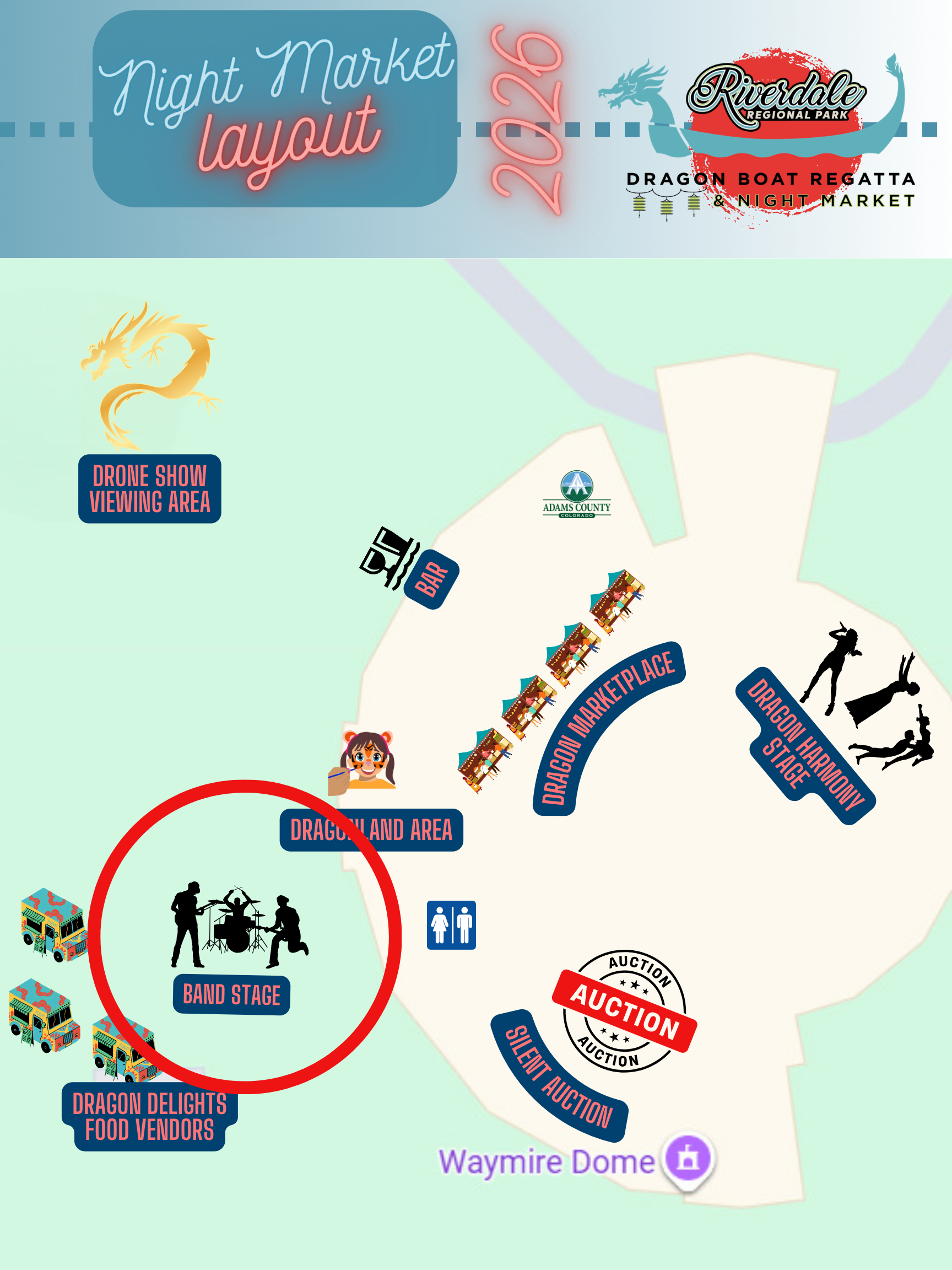 Map of the Band Stage location, outside of the Waymire Dome, near the great lawn