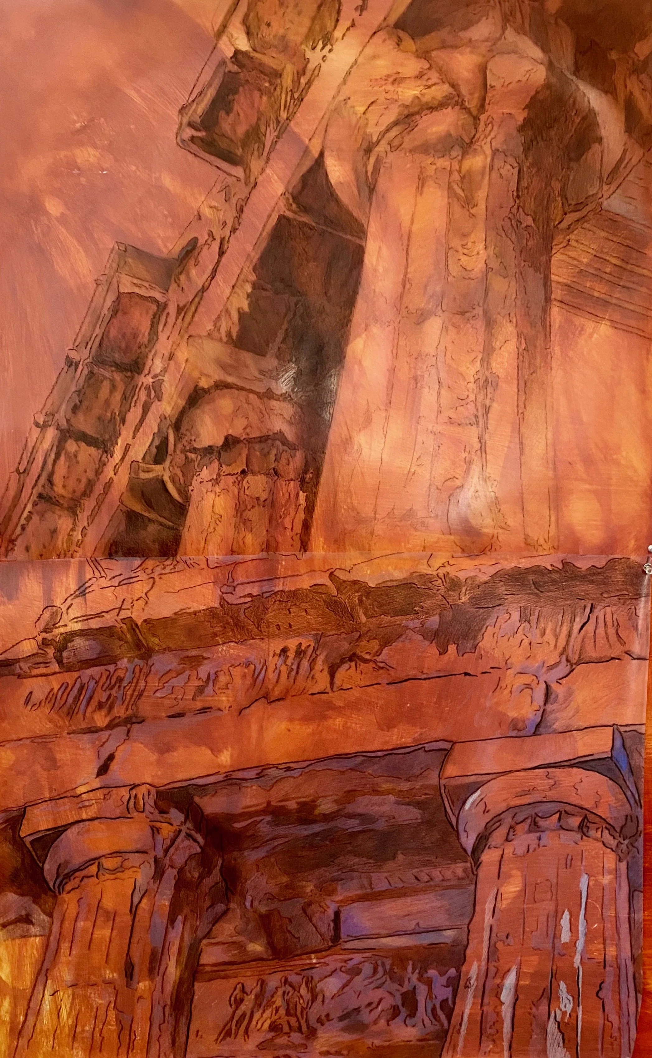 Entablature, acrylic on paper with ink, graphite, and china marker on velum, 48" x 30",  2026