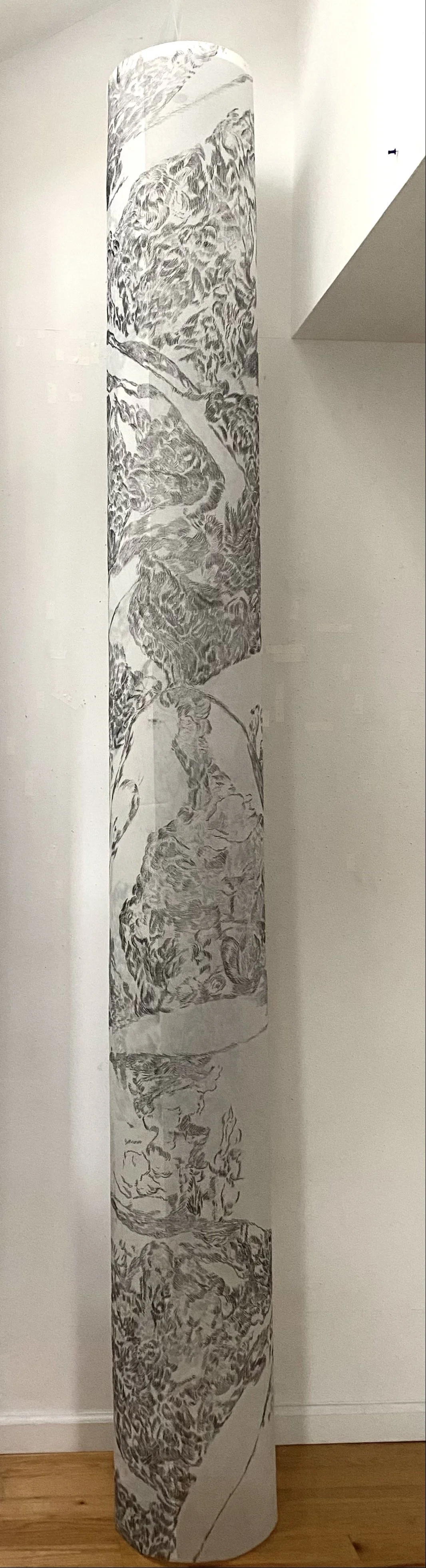 Fragment Column, 114" x 12" diameter, china marker on monofilament fabric, 2024