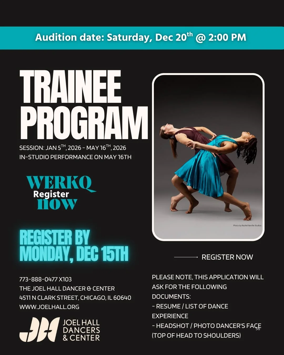 β¨ A New Year, A New Opportunity to Train β¨
Did you miss our Fall Auditions for the Trainee Program? Well, now's your chance!
Join us December 20 and audition to train with the Joel Hall Dancers. This multi-month, tuition-based program gives student